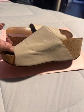 Neutral Cream Leather Cork Wedge Slide Sandals - Women CHOCOLATE BLU